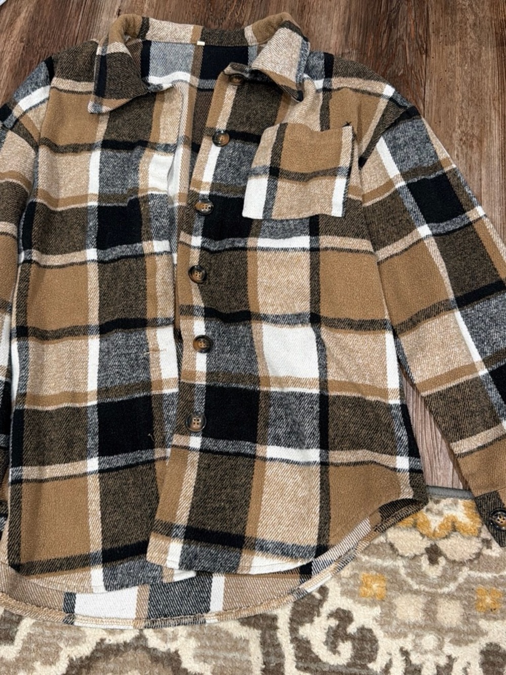 Kids Plaid Button-Up Jacket in Camel and Black